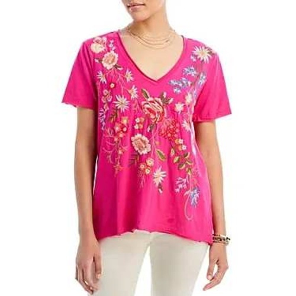 Johnny Was Los Angeles Catalina Everyday Embroidered Tee Floral Fuchsia XS